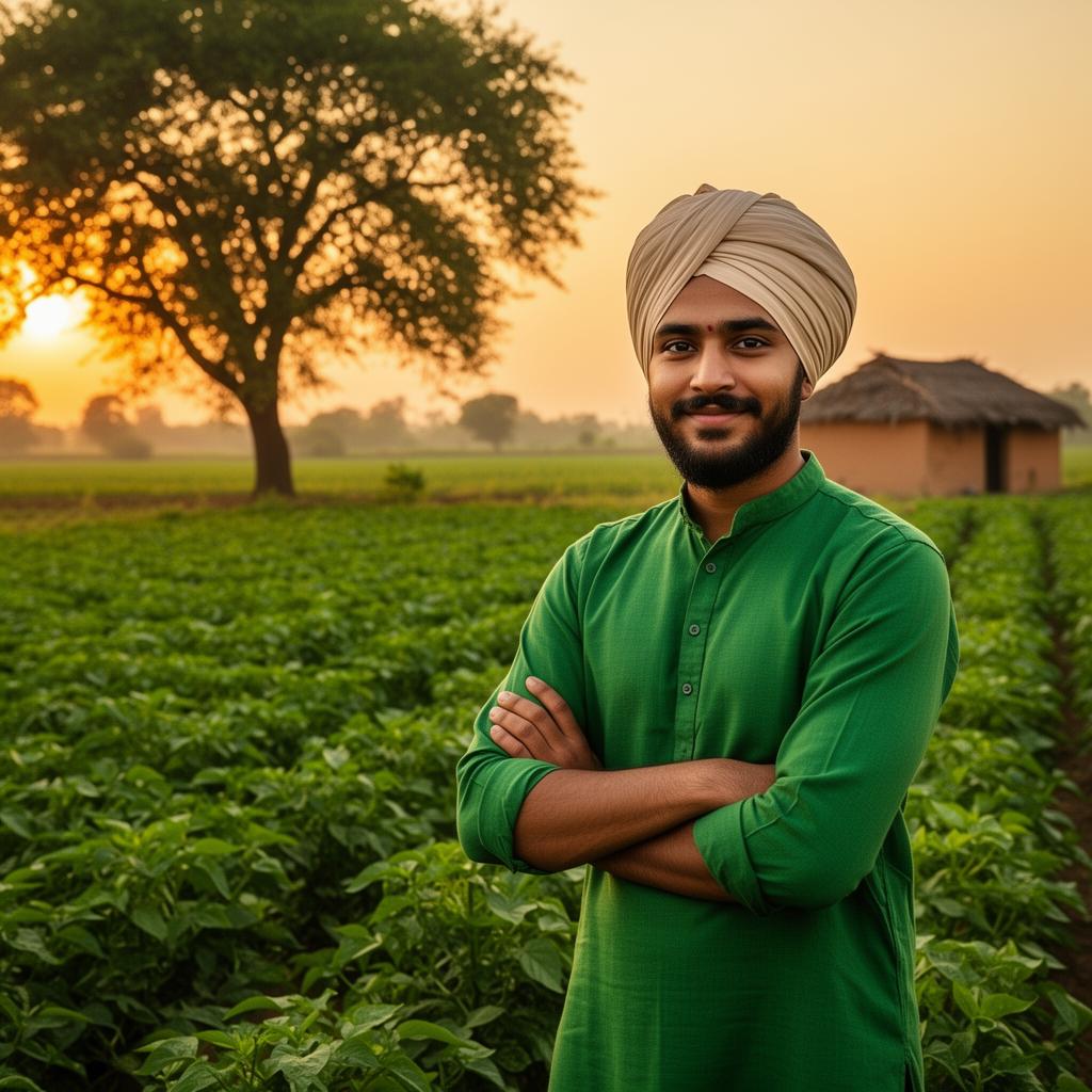 Indian farmer in green field at sunset